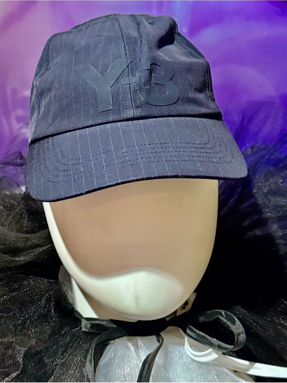 Y-3 Navy Pinstripe Embossed Logo Cap
